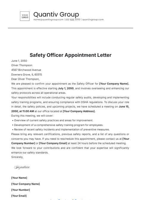 appointment letter of safety officer in word format|Appointment Letter for Safety Officer .